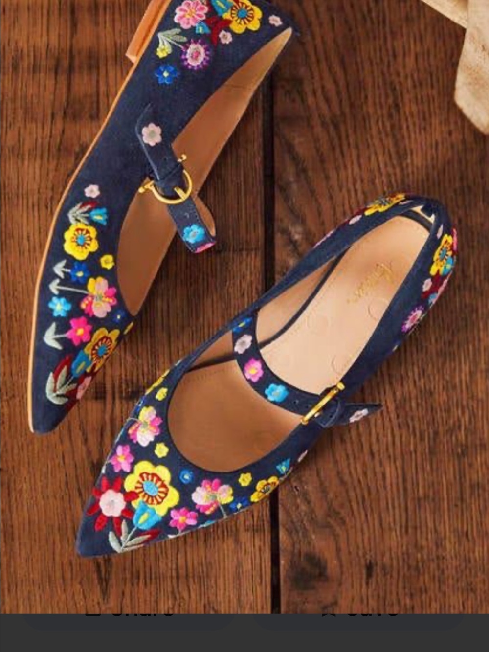 BODEN Floral Embroidered Navy Pointed Mary Jane Flats Sz 41 EUC